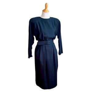 Vintage 80s Ann Tjian For Kenar Black Belted Dolman Sleeves Midi Dress 8